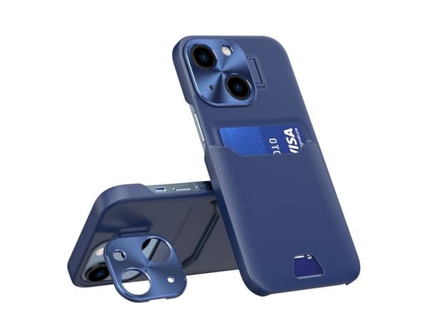 Läderstativ-skal för iPhone 14 Plus - kortfack med stativ - blå