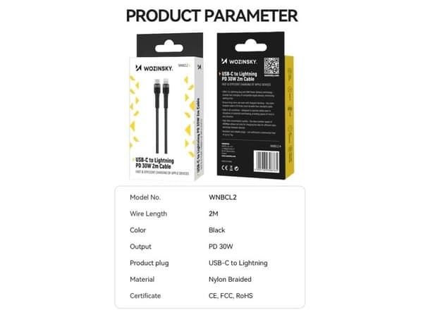 Wozinsky USB-C - Lightning 2 m USB-kaapeli Musta (5907769308765)