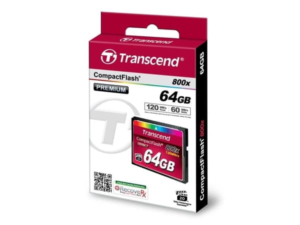 Transcend 64GB 800x CF, 64 GB, CompactFlash, MLC, 120 MB/s, 60 MB/s, Musta
