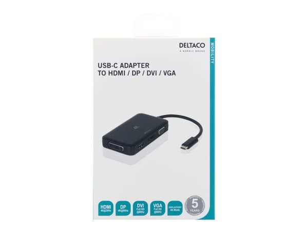 DELTACO USBC-MULTI - Extern videoadapter - USB-C 3.1 - DisplayPort, DVI, HDMI, VGA - svart