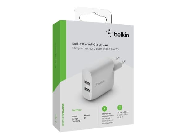 Belkin BoostCharge - Strömadapter - 24 Watt - QC 3.0 - 2 utdatakontakter (USB) - vit
