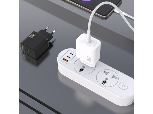 USB-C nettlader med USB-C-kabel GaN PD 25W - hvit