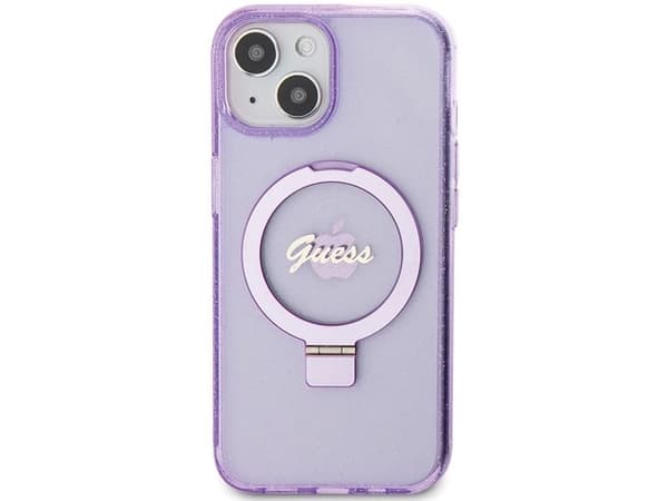 Guess Ring Stand Script Glitter MagSafe suojakotelo iPhone 15 Plus / 14 Plus - lila
