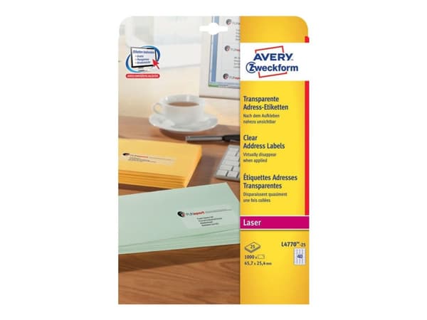 Avery L4770-25, Läpinäkyvä, Polyesteri, Laser, 1000 kpl