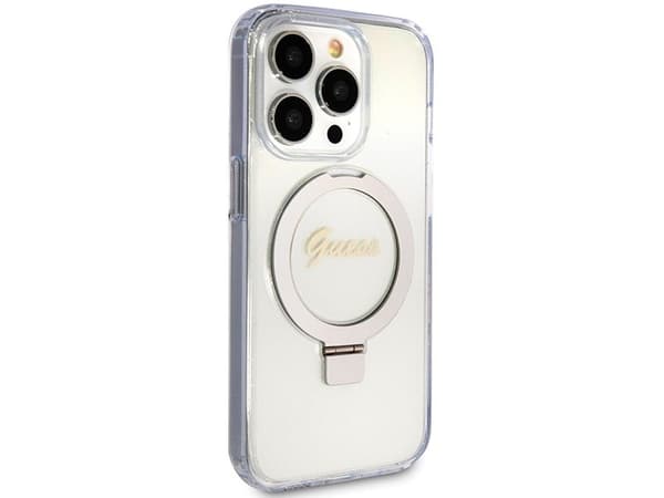 Guess Ring Stand Script Glitter MagSafe-deksel til iPhone 15 Pro - transparent