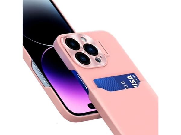 Lær stativ-deksel til iPhone 14 Plus - kortholder med stativ - rosa