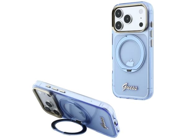Guess IML Ring Stand 360 Script Metal Logo MagSafe Case for iPhone 17 Pro Max / 18 Pro Max - Light Blue