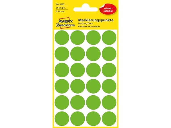 Avery 3597, Grön, Circel, papper, 24 styck, 4 ark, 1,8 cm
