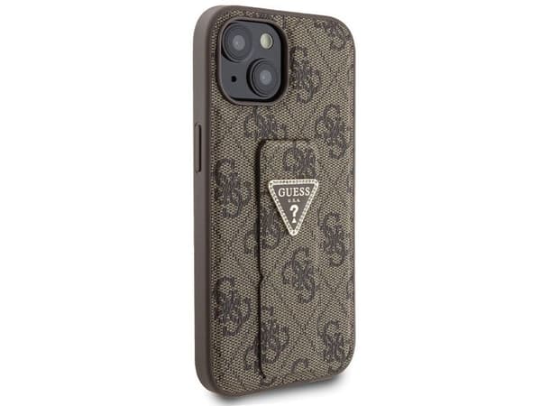 Guess Grip Stand 4G Triangle Strass-deksel for iPhone 15 - brun