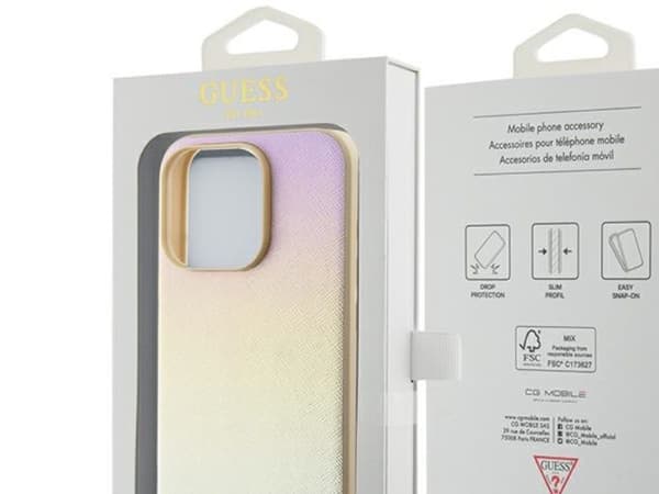 Guess Saffiano Iridescent Script-etuiet til iPhone 14 Pro Max - gull