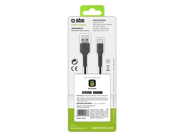 SBS TECABLEMICROC15K USB-A til USB-C-kabel 1,5 m - Svart