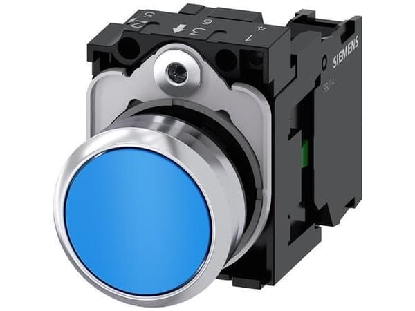 Tryckknapp 22 mm rund med blå knapp 1NR