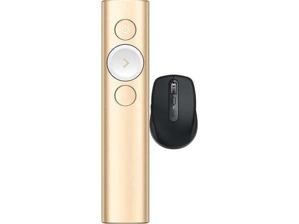 Logitech Spotlight presentationsfjärrkontroll guld (910-004862) + MX Anywhere 3S grafit (910-006929)
