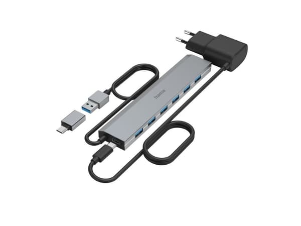 Hama Essential Line - Hub - with usb-c adapter and PSU - 7 x USB 3.2 Gen 1 - stasjonær