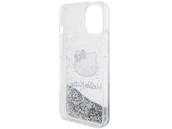 Hello Kitty Nestemäinen Glitter Charms Kitty Head dėklas iPhone 15 - sidabrinis