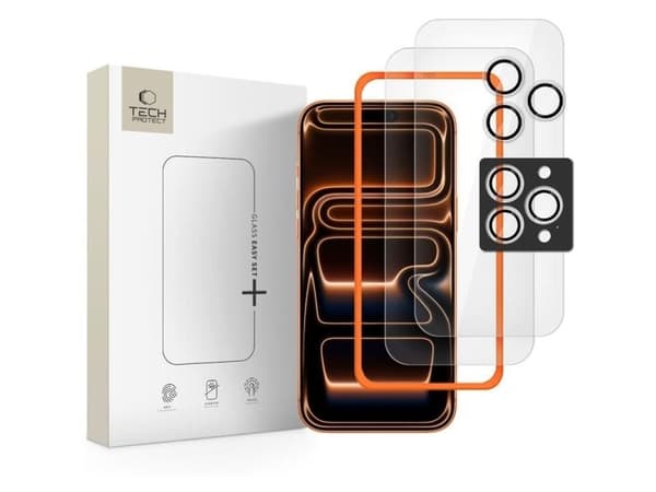 Härdat glas Tech-Protect EASY SET+ 3-pack för iPhone 16 Pro / 17 Pro clear