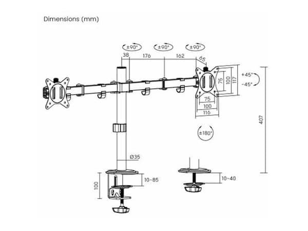 eSTUFF - Monteringssett (skrivebordsklemmemontering, kausemontering, 2 quick release VESA plates) - for 2 LCD-skjermer - office - stål, plastikk - ...