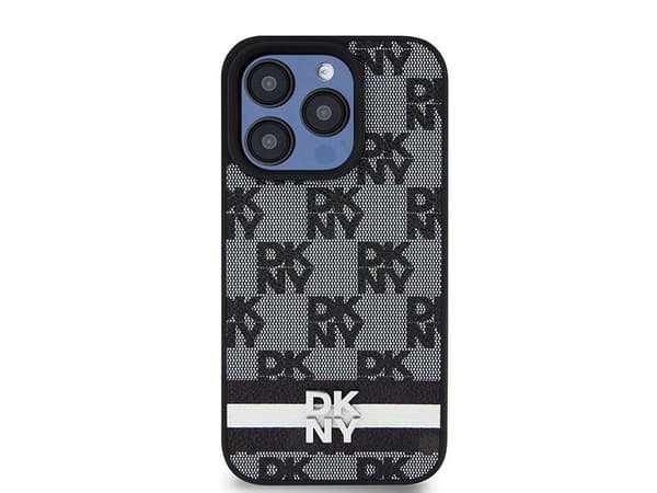 Deklas DKNY PU Leather Checkered Pattern and Stripe Case for iPhone 15 Pro Juodas