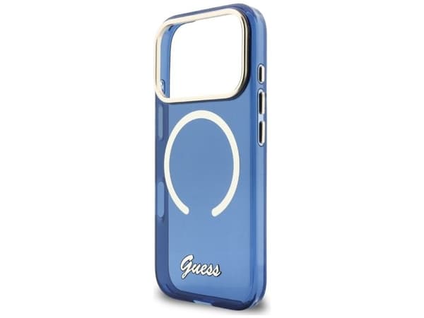Guess IML Script metall MagSafe-deksel til iPhone 17 Pro Max – blått