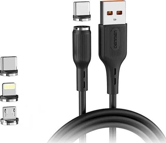 Denmen USB-A - USB-C + microUSB + Lightning kaapeli 1 m musta (29367)