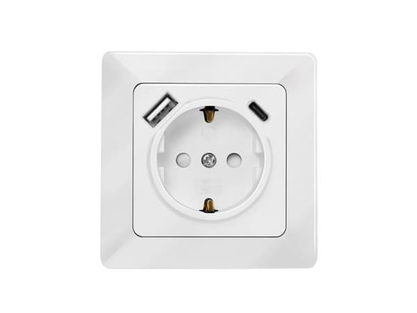 Seinäpistorasia, 1x CEE 7/3, 1x USB-A, 1x USB-C PD