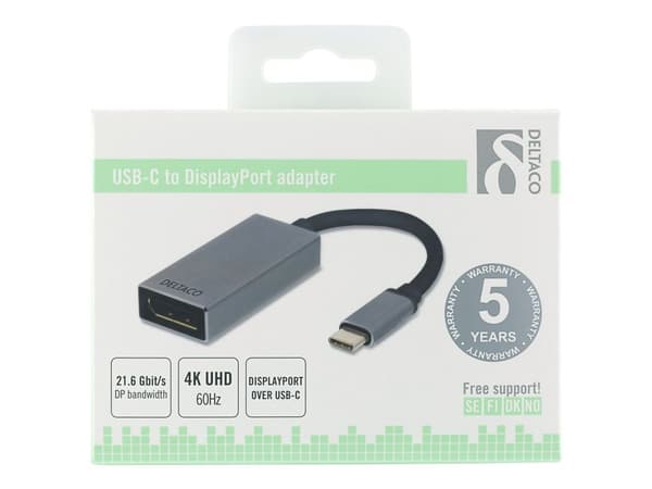 DELTACO USBC-DP2 - Ekstern videoadapter - USB-C - DisplayPort - romgrå