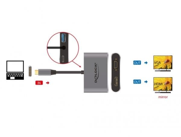 Delock - Ekstern videoadapter - USB-C - HDMI, VGA - grå - detailsalg