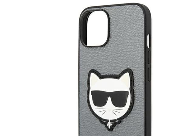 Karl Lagerfeld Saffiano Choupette Head patch-skal till iPhone 14 Plus - silver