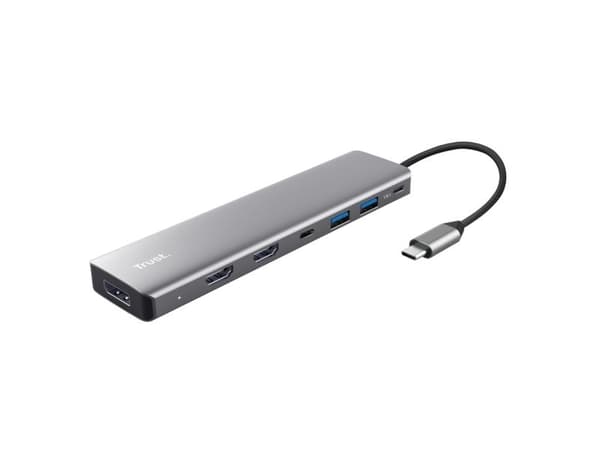 "TRUST DALYX -latausasema, 7-in-1, USB-C-tulo, 2xHDMI, 1xDP, 2xUSB, 2xUSB-C, saha"