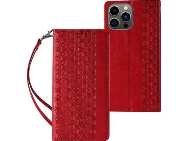 Magnetstropp-etui for iPhone 14 Pro Max – flip-lommebok med mini-lanyard, rød