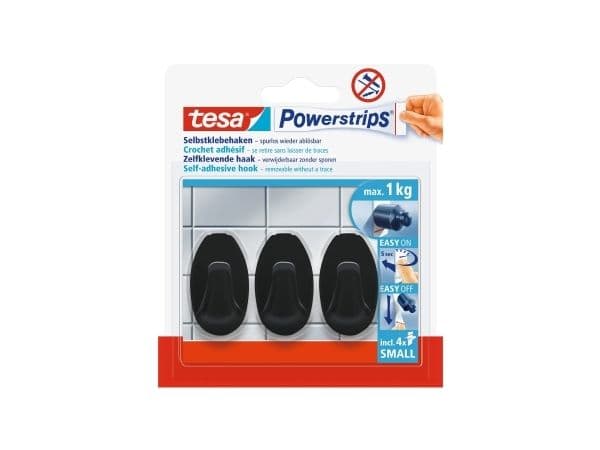 TESA Powerstrips, Sisätila, Yleiskoukku, musta, Polystyreeni (PS), Liimateippi, 1 kg