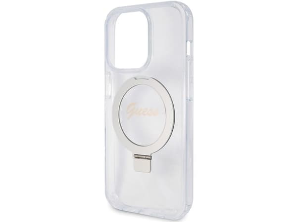 Guess Ring Stand Script Glitter MagSafe-fodral för iPhone 15 Pro - transparent