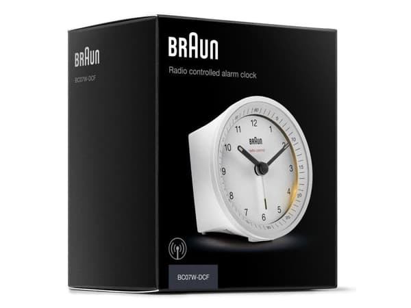 Braun BC07W-DCF, Quartz-väckarklocka, Rund, Vit, 2 År, Analog, Batteri