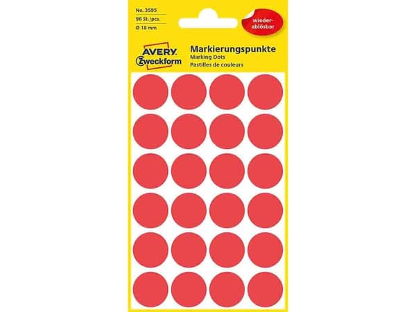 Avery 3595, Röd, Circel, papper, 24 styck, 4 ark, 1,8 cm