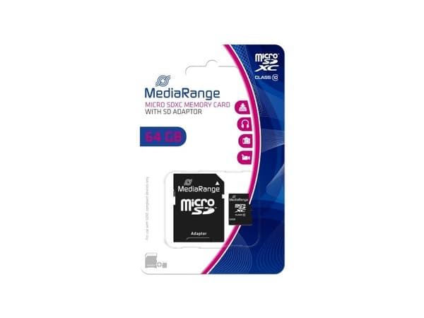 MediaRange - Flashminnekort (microSDXC til SD-adapter inkludert) - 64 GB - Class 10 - microSDXC - svart