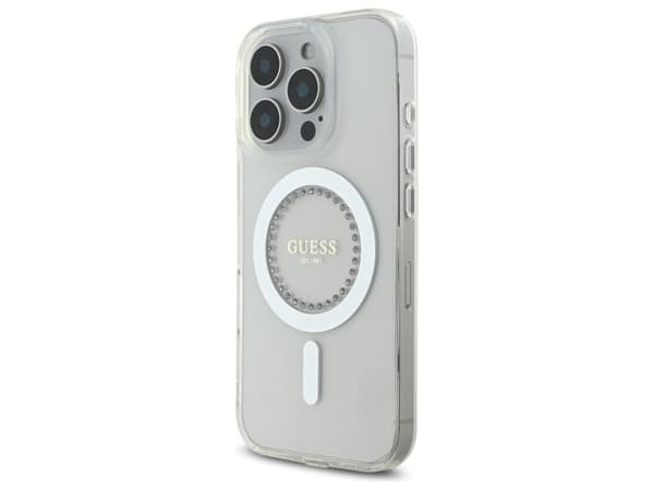 Guess IML rhinestone MagSafe-deksel til iPhone 16 Pro Max - Hvit