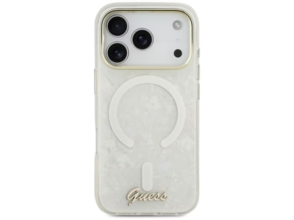 Guess IML Shell Script Metal MagSafe-deksel til iPhone 17 Pro Max - hvit