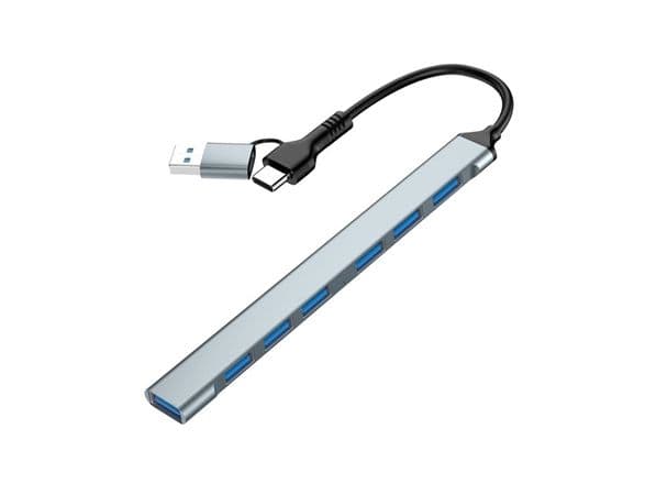 7-port USB hub (1x USB 3.2 + 6x USB 2.0), USB-A + USB-C, silver
