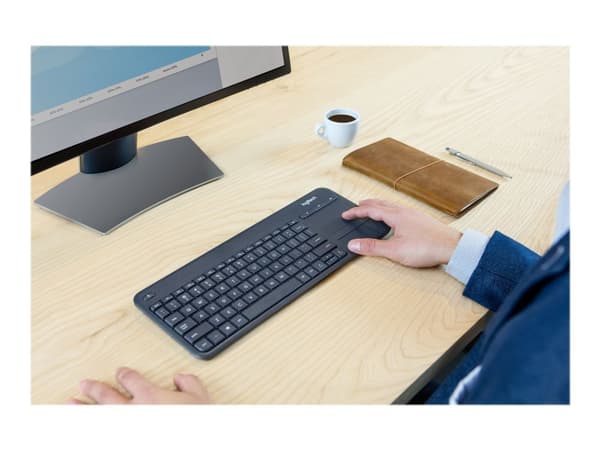 Logitech K400 Plus, Mini, Langaton, Langaton RF, QWERTY, Musta