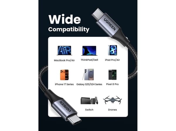 USB-C-USB-C-kaapeli UGREEN 15311, 1 m (harmaa)