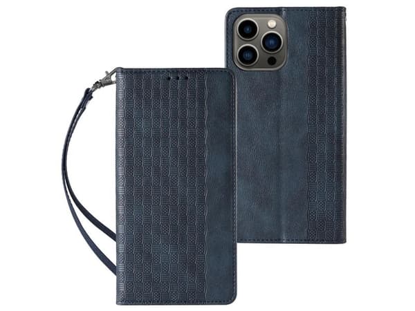 Magnetstropp-deksel for iPhone 14 Flip Wallet Mini - lanyard/stativ - blå