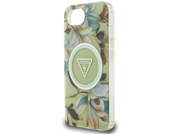Guess IML Metal Glitter Flowers Triangle MagSafe iPhone 16e Case - Green