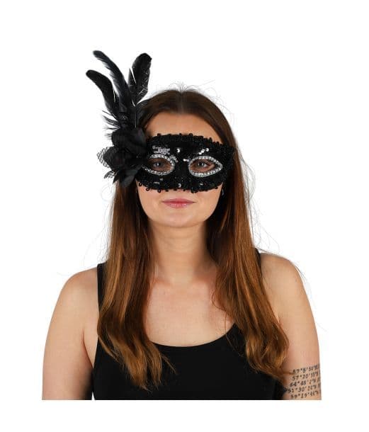 Sort maske med fjer