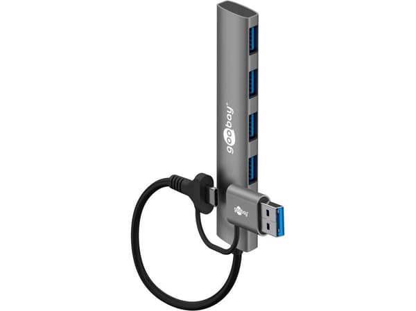 2-i-1 slank USB-hub med 4 porter, 5 Gbit/s