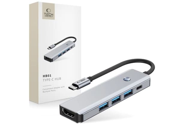 Tech-Protect HB01 HUB-adapter 5-i-1 USB-C + USB3.0 + HDMI 4K 60Hz + PD100W - grå