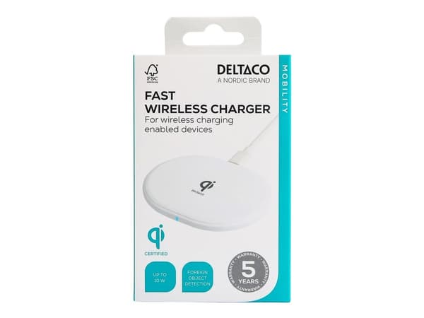 DELTACO - Trådlöst laddställ - USB-C, QI-certifierad - 10 watt - Fast Charge - vit