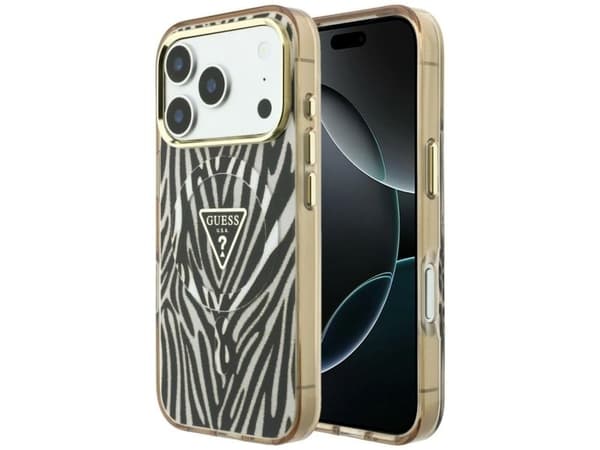 Deklas Guess IML Zebra Glitter Triangle Logo MagSafe iPhone 17 Pro / 18 Pro Case - Gold