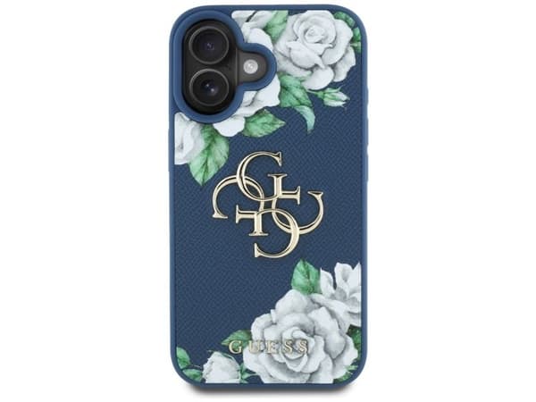 Original Guess-dekal Grained Roses Big 4G för Apple iPhone 16, blå
