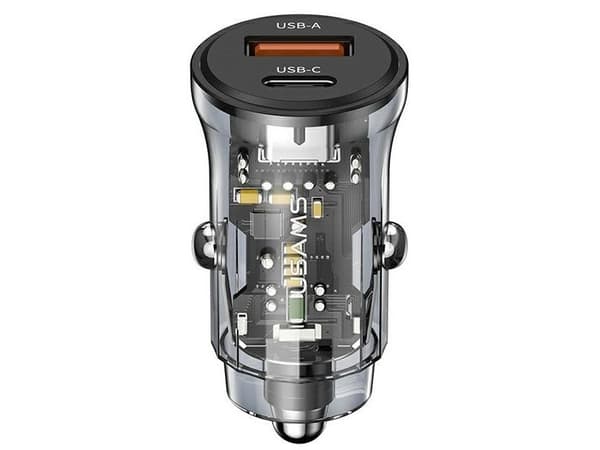 USAMS US-CC164 bil-lader 30W (1xUSB + 1xUSB-C) svart