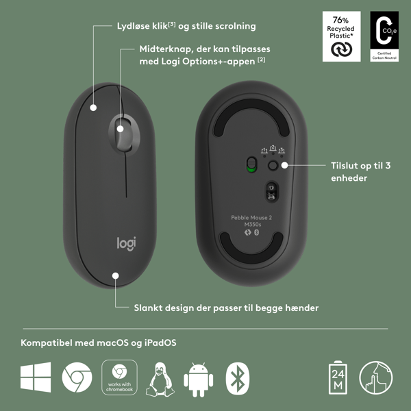 Logitech® | Pebble Mouse 2 (M350s) - Mus - optisk - 3 knappar - trådlös - Bluetooth - Tonal-Graphite